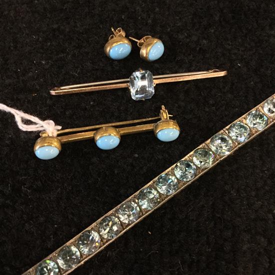 Turquoise set bar brooch & matching earrings, aquamarine-set bar brooch & stone-set flexible bracelet (a.f)